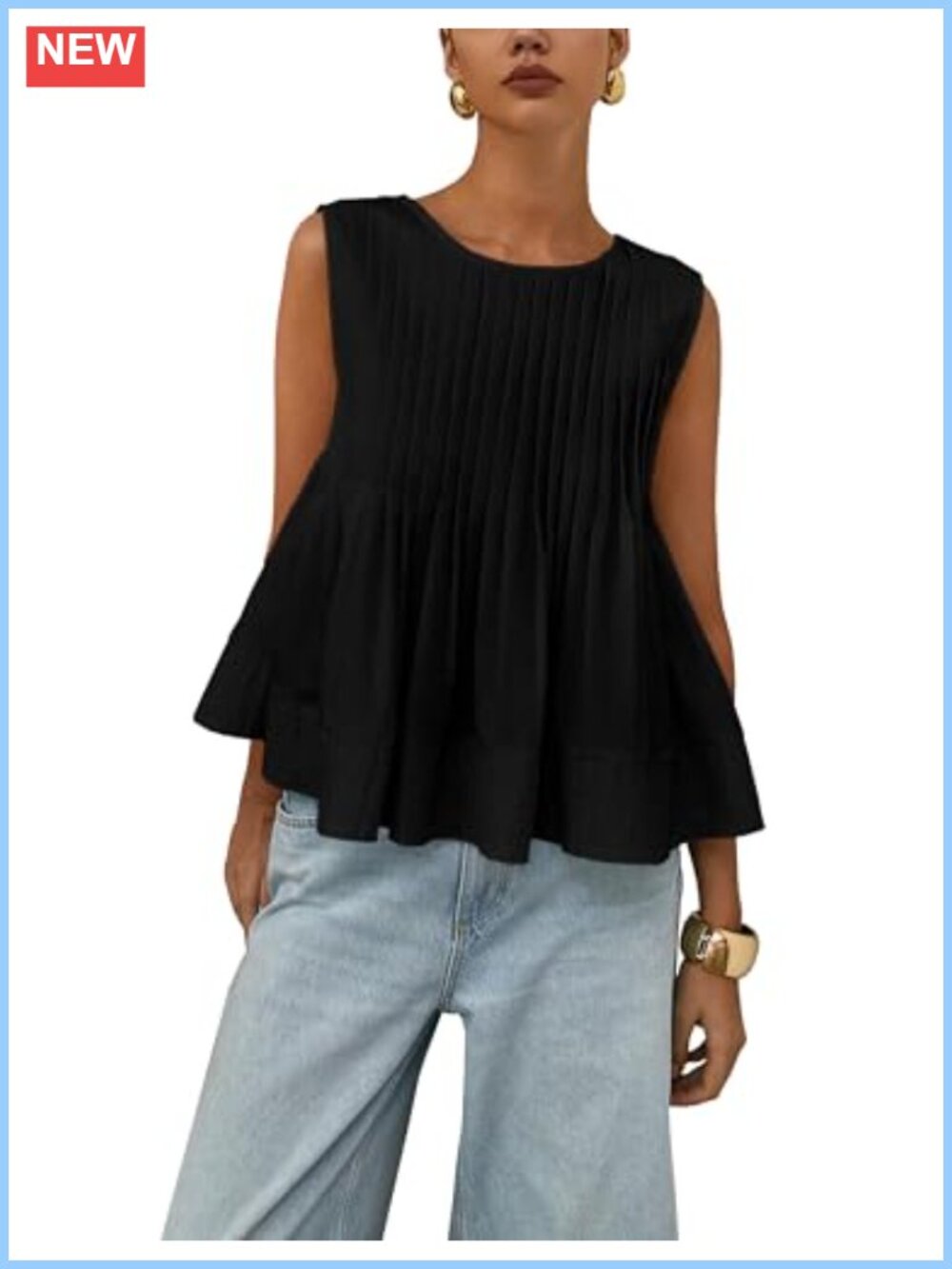 Womens Cotton Babydoll Tank Top Pleated Sleeveless Summer Shirt